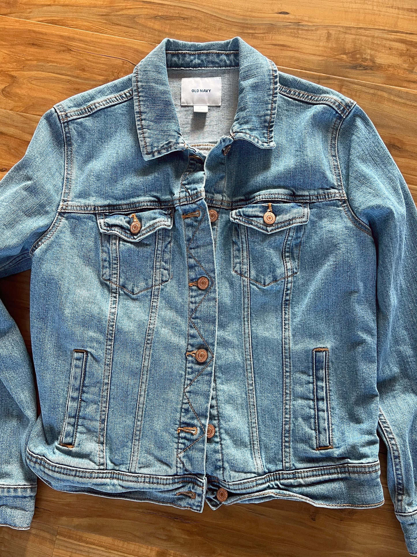 Sunshine Daydream — Up-Cycled Hand-Stitched Crochet Denim Jacket (Old Navy)