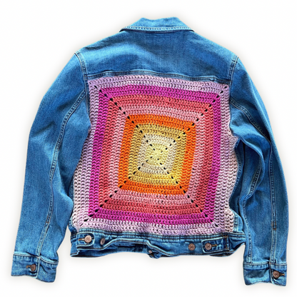 Sunshine Daydream — Up-Cycled Hand-Stitched Crochet Denim Jacket (Old Navy)