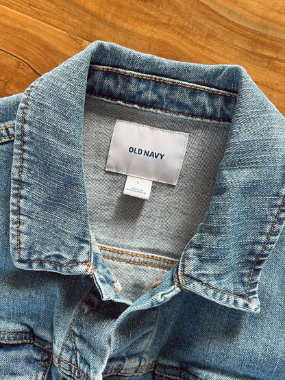 Sunshine Daydream — Up-Cycled Hand-Stitched Crochet Denim Jacket (Old Navy)