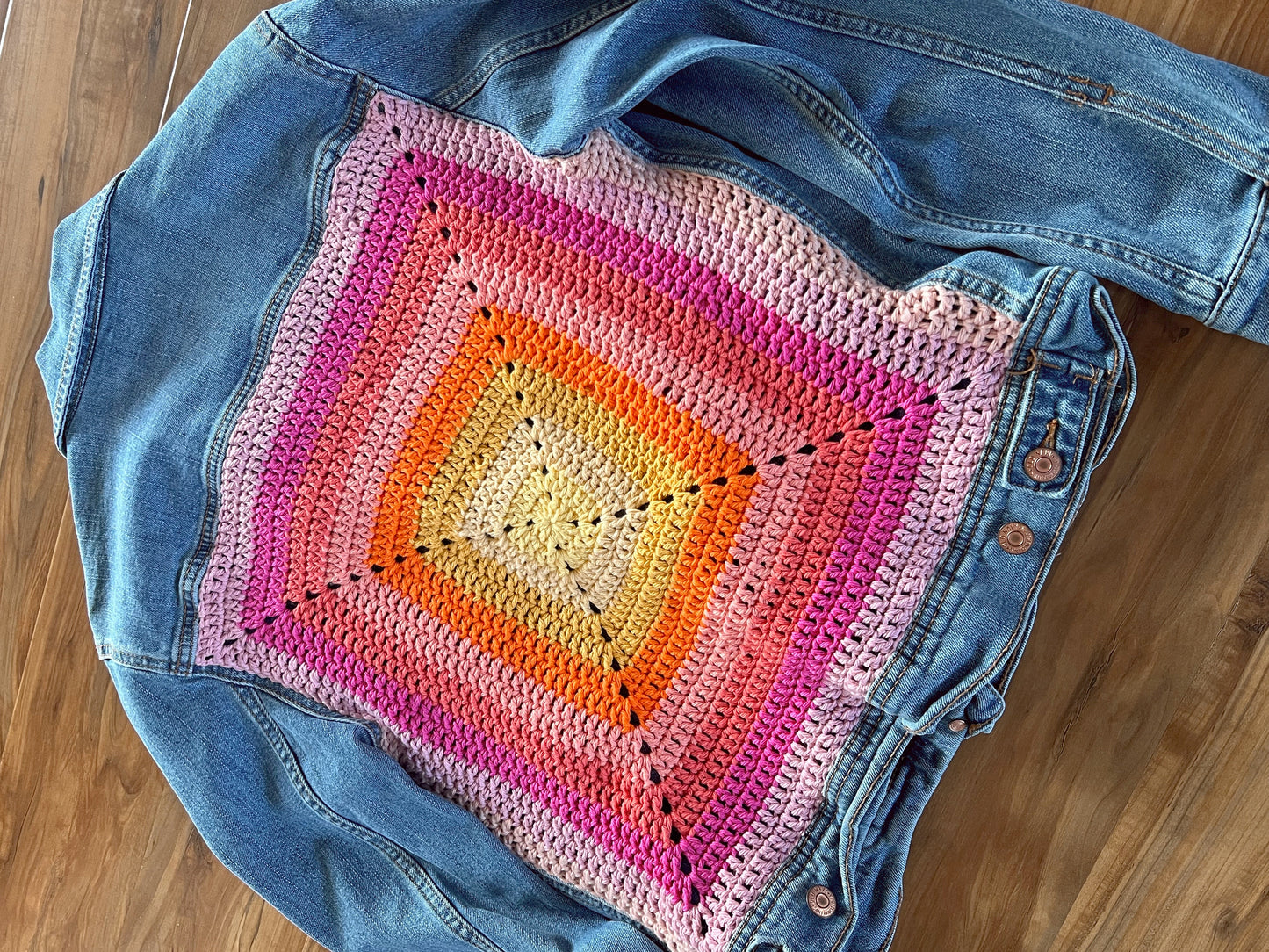 Sunshine Daydream — Up-Cycled Hand-Stitched Crochet Denim Jacket (Old Navy)